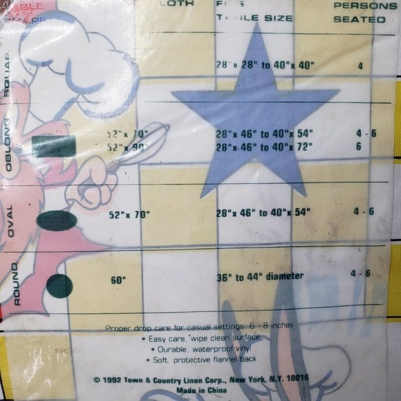 NEW Vintage Looney Tunes Vinyl Tablecloth 52x70" Oval White Yellow Check Taz - Picture 5 of 6